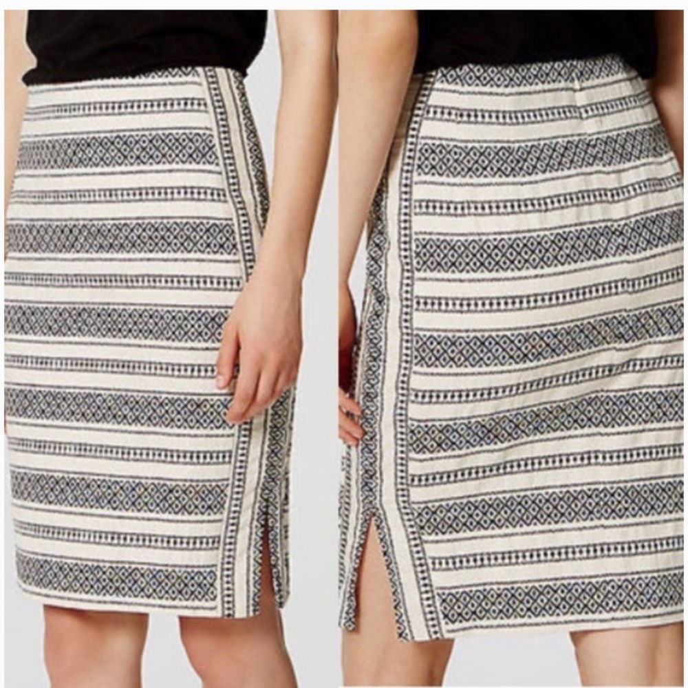 LOFT Embroidered Pencil Skirt New Black White Mosaic Tribal - Picture 2 of 4